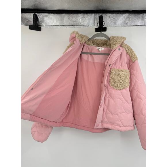 For Love And Lemons Jacket Pink Heart Puffer Coat Hooded Sherpa Trim Zip Up Sz M - Picture 3 of 12